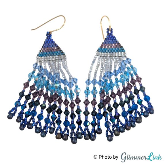 Beaded Fringe Ombre Blue Purple Boho Festival Seed Bead Statement Earrings - Picture 6 of 10